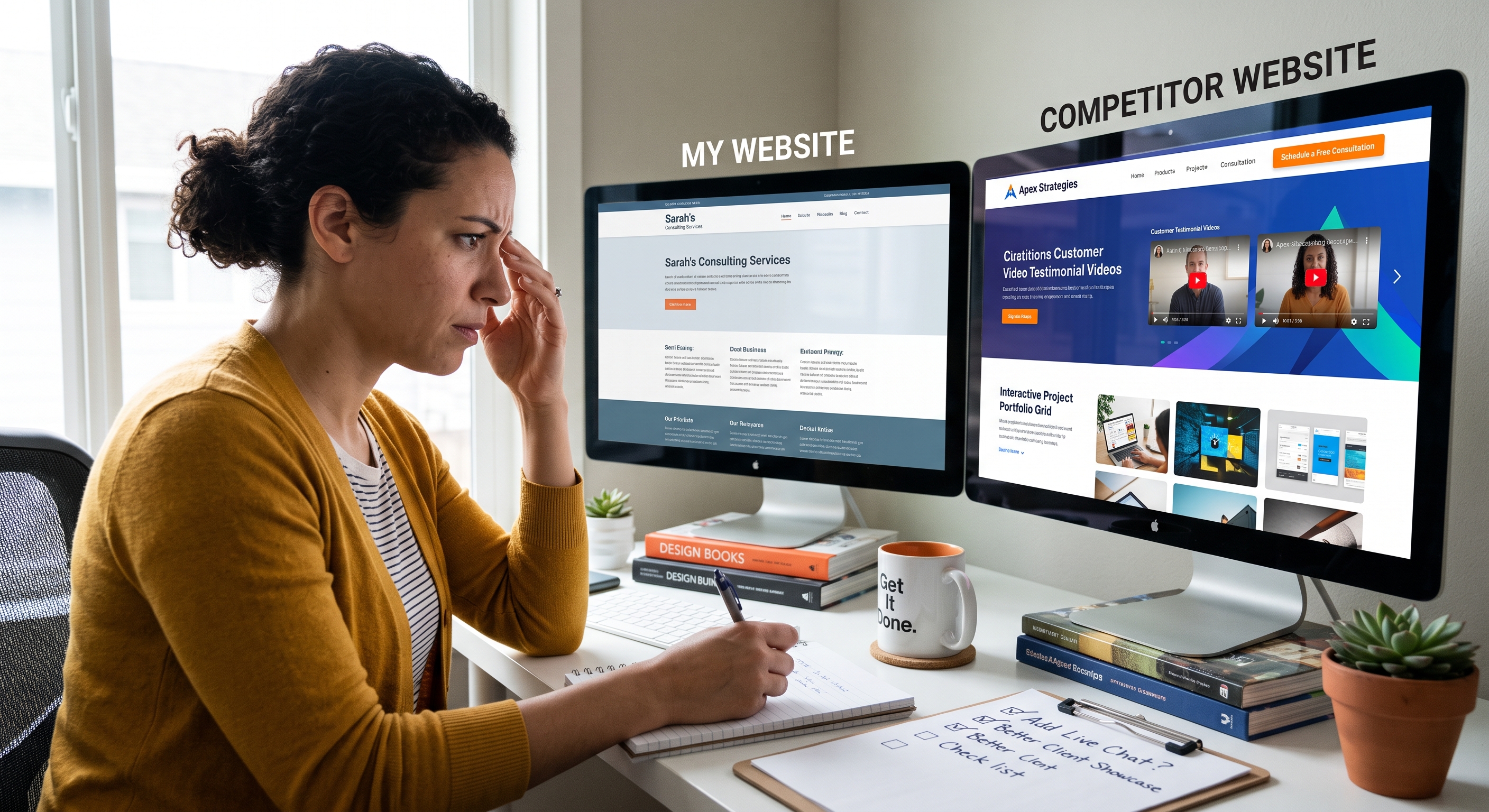 A small business owner sitting at a workbench comparing two websites side by side on a phone and a laptop