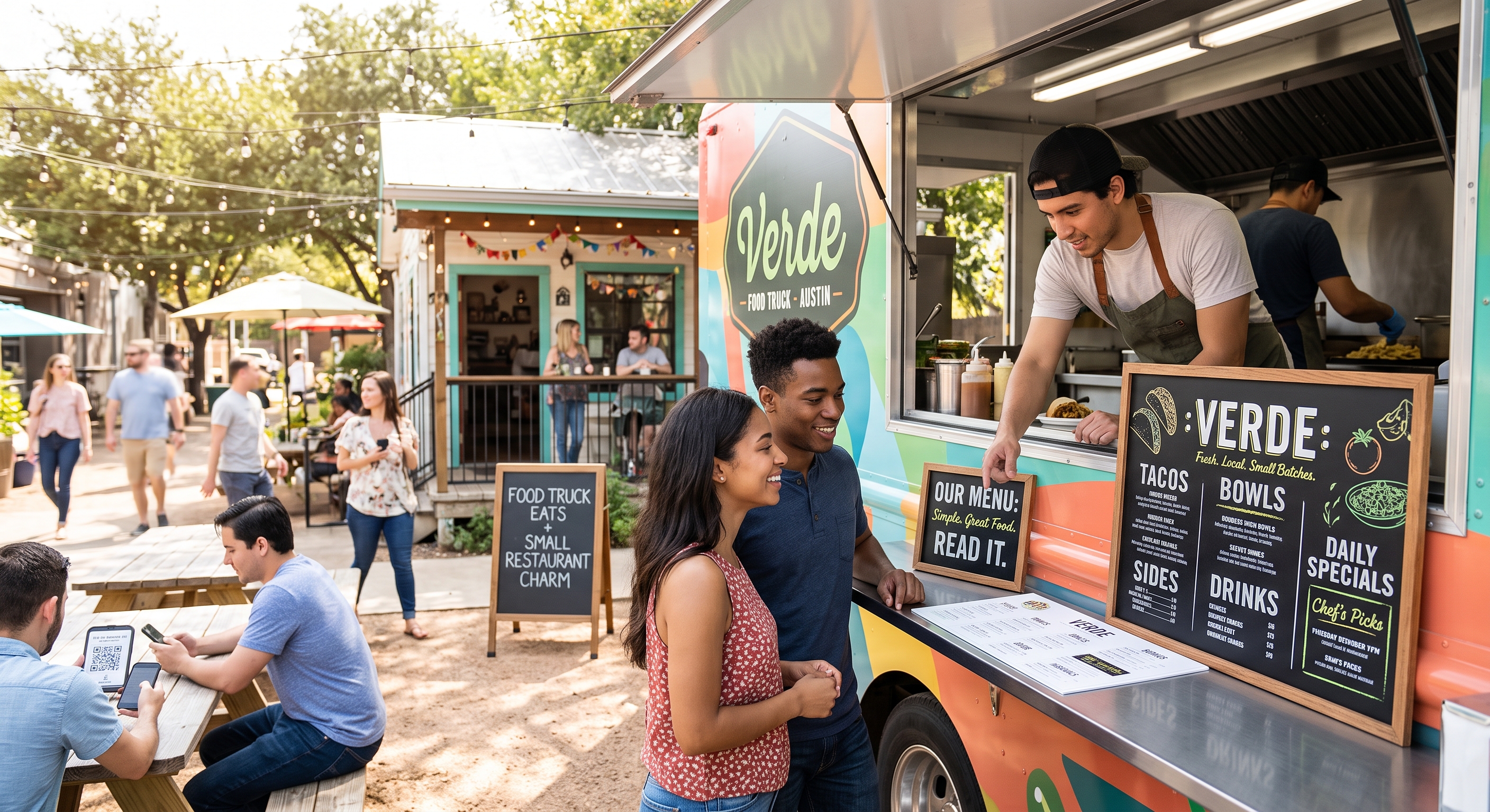 A customer standing at a food truck window looking at a menu page on their phone